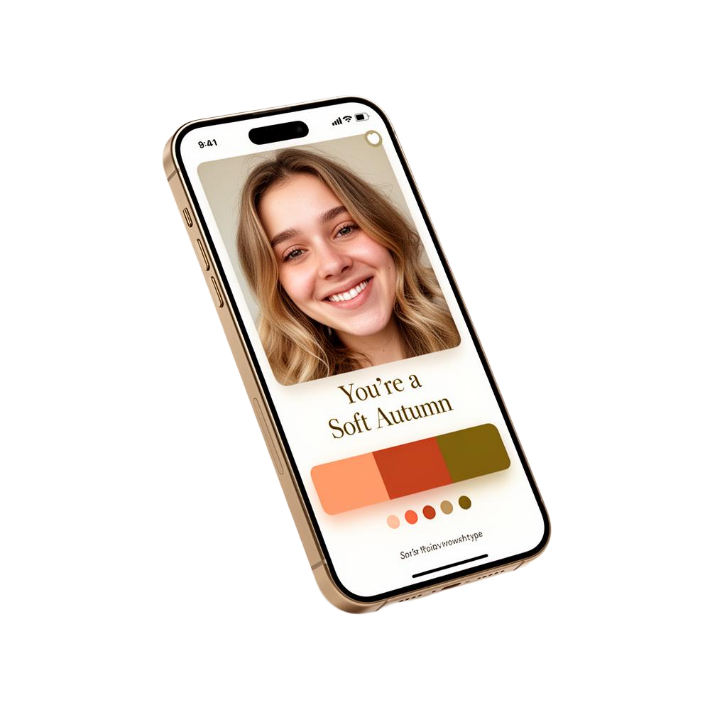 Glowtype app showing a Soft Autumn colour season result with a personal palette